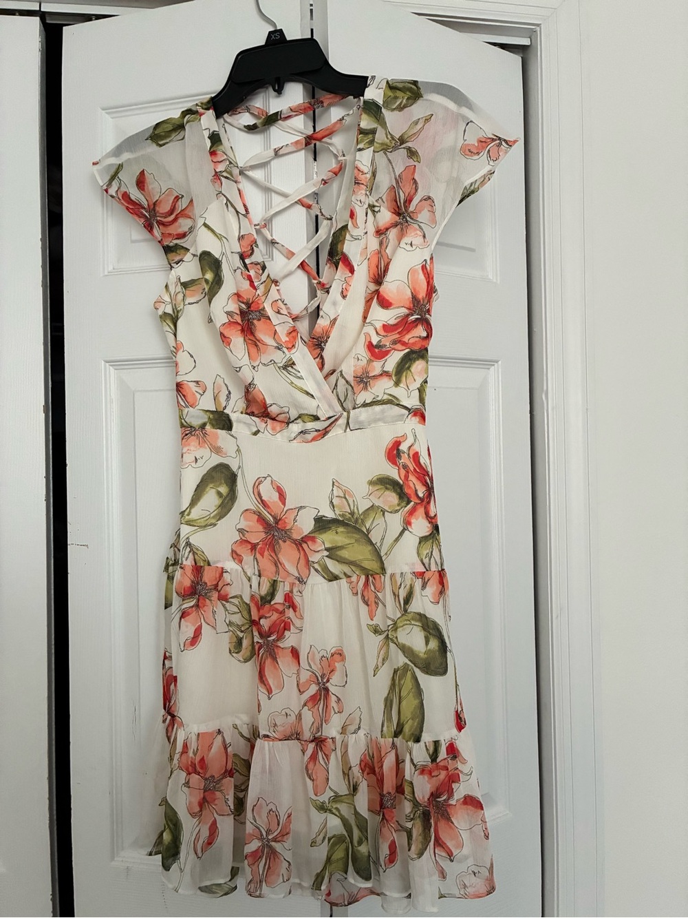 Guess White Floral Lace-Up Mini Dress with Coral & Green Print
